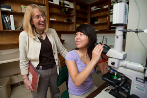 Biology professor Jannon Fuchs and Texas Academy of Math and Science student Faith Yu