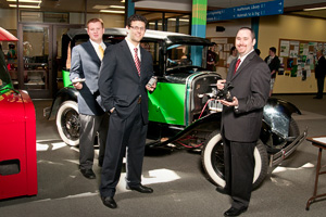 Matt Kidd ('12), Brent Elliot ('12), and Jeff Smith ('12) with the electric modified Ford Model A that they worked on for their senior project. (Photo by Jonathan Reynolds)