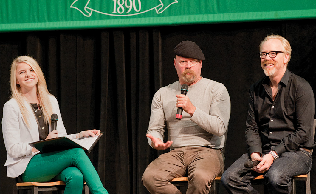 Jamie Hyneman, center, and Adam Savage, right, co-hosts of the Discovery Channel's <em>MythBusters</em>, spoke on campus and participated in student-moderated interviews as part of UNT's Distinguished Lecture Series in September. (Photo by Jonathan Reynolds)