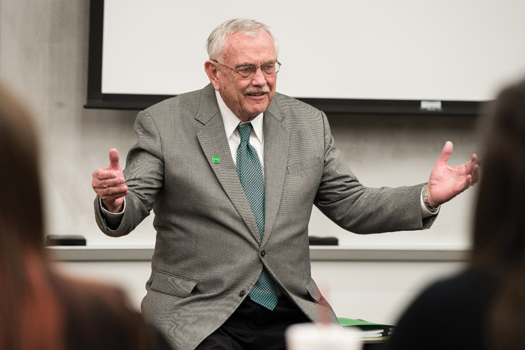 President V. Lane Rawlins visits with Professional Leadership Program students in the Business Leadership Building. (Photo by Michael Clements)