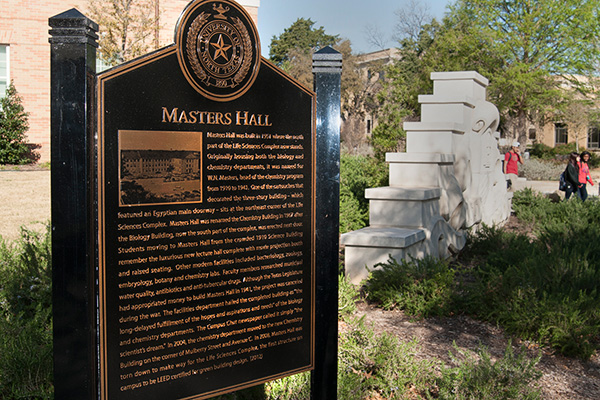 Masters Hall historical sign at the Life Sciences Complex (Photo by Jonathan Reynolds)