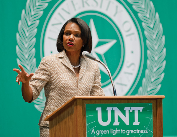 Condoleezza Rice spoke at the UNT Coliseum and participated in a Q&amp;A with students as part of UNT's Distinguished Lecture Series. (Photo by Gary Payne)