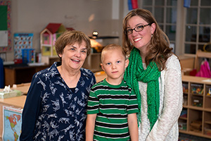  UNT Child Development Lab Director Carol Hagen, left and Hunter Ishmael with his mother Jennifer Ishmael both of who attended the Child Development Lab. Jennifer is also a lecturer at UNT's College of Merchandising, Hospitality and Tourism. (Photo by Gary Payne)