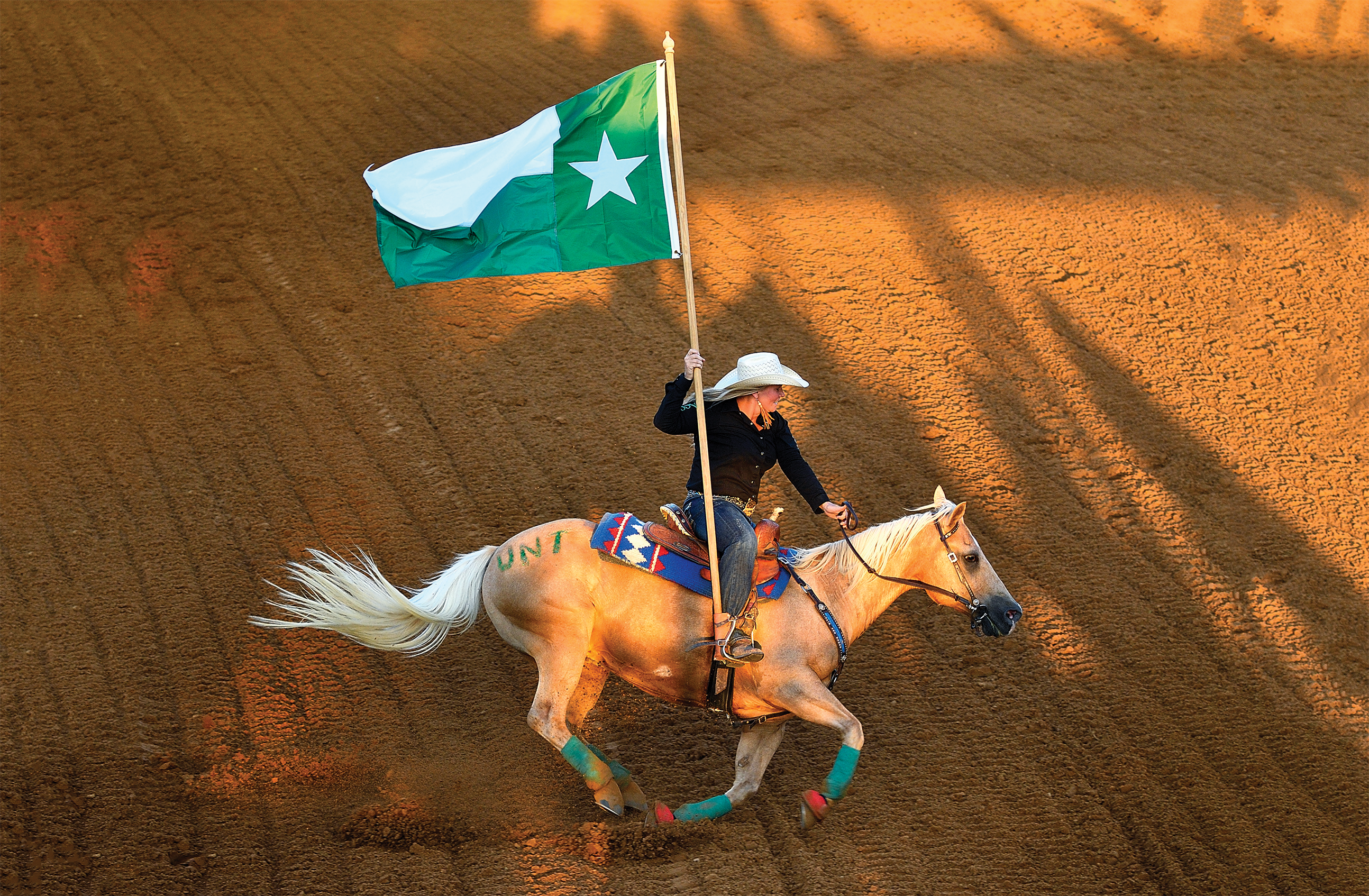 Man on horse back holding a UNT flag