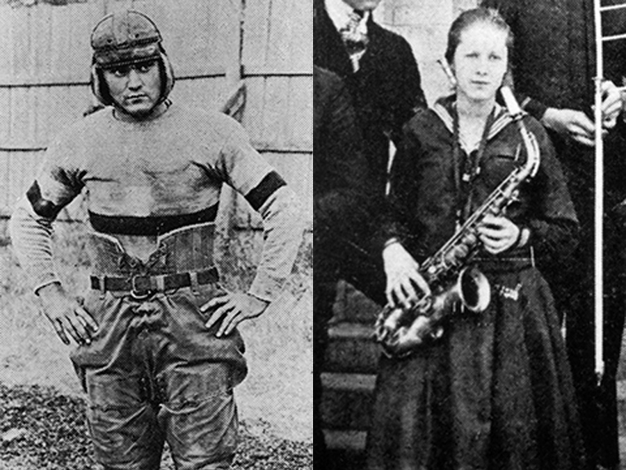 Charles Langford in 1920s football gear and Julia Smith with a saxophone
