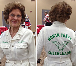 Carolyn Bruce Gossett models her North Texas cheerleader coveralls.
