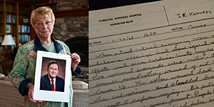 Left: Sue Carrico ('57) holding a photo of her late husband, Jim Carrico ('57), the first surgeon to attend to JFK at Parkland Hospital after the shooting. (Photo by Gary Payne) Right: Jim Carrico's trauma room notes.