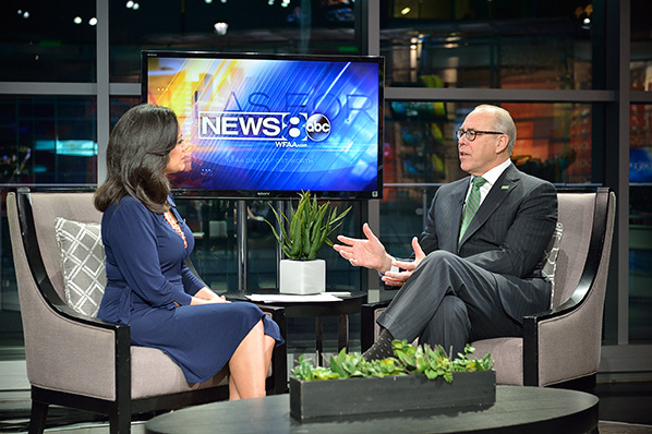 New UNT president Dr. Neil Smatresk interviewed by News 8 anchor Cynthia Izaguirre at WFAA Studio at Victory Plaza in Dallas, Texas on February 3, 2014. (Photo by Michael Clements)