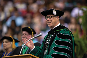 This spring, President Neal Smatresk presided over his first UNT commencement. (Photo by Gary Payne)