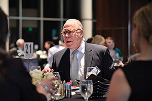 President Neal Smatresk visits with guests at UNT's Great Conversations event in February. (Photo by Michael Clements)