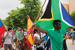 Students take part in the flag parade. 