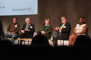  Frank W. and Sue Mayborn School of Journalism alumni and Pulitzer Prize-winning journalists returned to campus and participated in a panel celebrating the award's 100th anniversary. From left, Dan Malone (’06 M.A.), David Klement (’62), Gayle Reaves (’15 M.A.), Kerry Gunnels (’73) and Leona Allen (’86). Photo by Ahna Hubnick