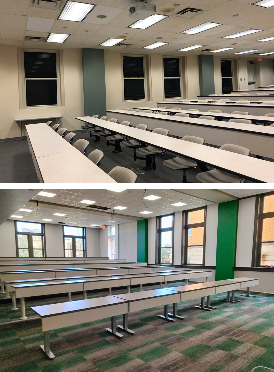 The classrooms were renovated to uncover the dark windows and install new carpet and ceilings.