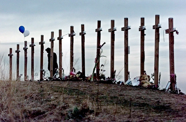 Crosses on a hill above Columbine High School, April 28, 1999