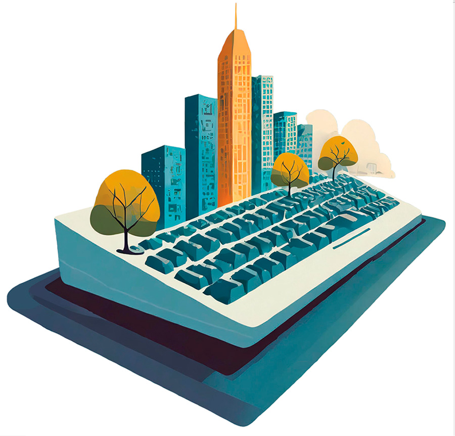 A.I. illustration depiction merging of a computer keyboard and office buildings