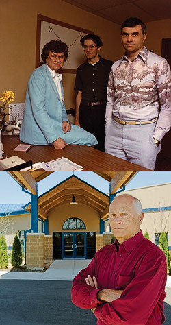 Top: In 1982, the 1-year-old company had three employees, including Brewer. (Courtesy of Brewer Science Inc.)Bottom: Brewer Science Inc., the company of Terry Brewer ('65, '70 Ph.D.) headquartered in Rolla, Mo., provides high-technology solutions for the semiconductor and microelectronics markets. (Andrew Layton, courtesy of Brewer Science Inc.) 