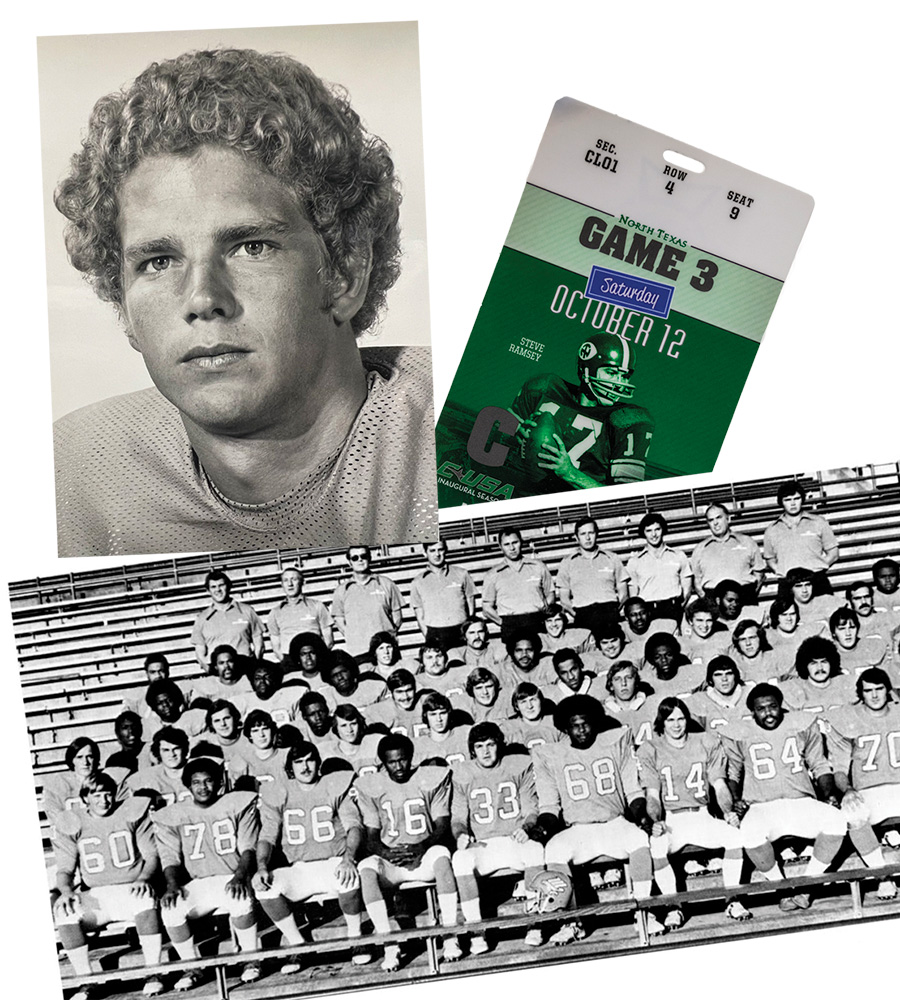 Collage featuring Rick Shaw, UNT football team photo and a football game ticket