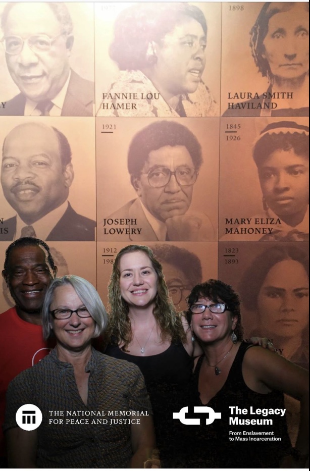 Willie Hudspeth (’90, ’93 M.Ed.), Peggy Heinkel-Wolfe (’83, ’02 M.J.), Chelsea Stallings (’09, ’15 M.A.) and Michele Beal (’16 M.A.) at the National Memorial for Peace and Justice in Alabama.