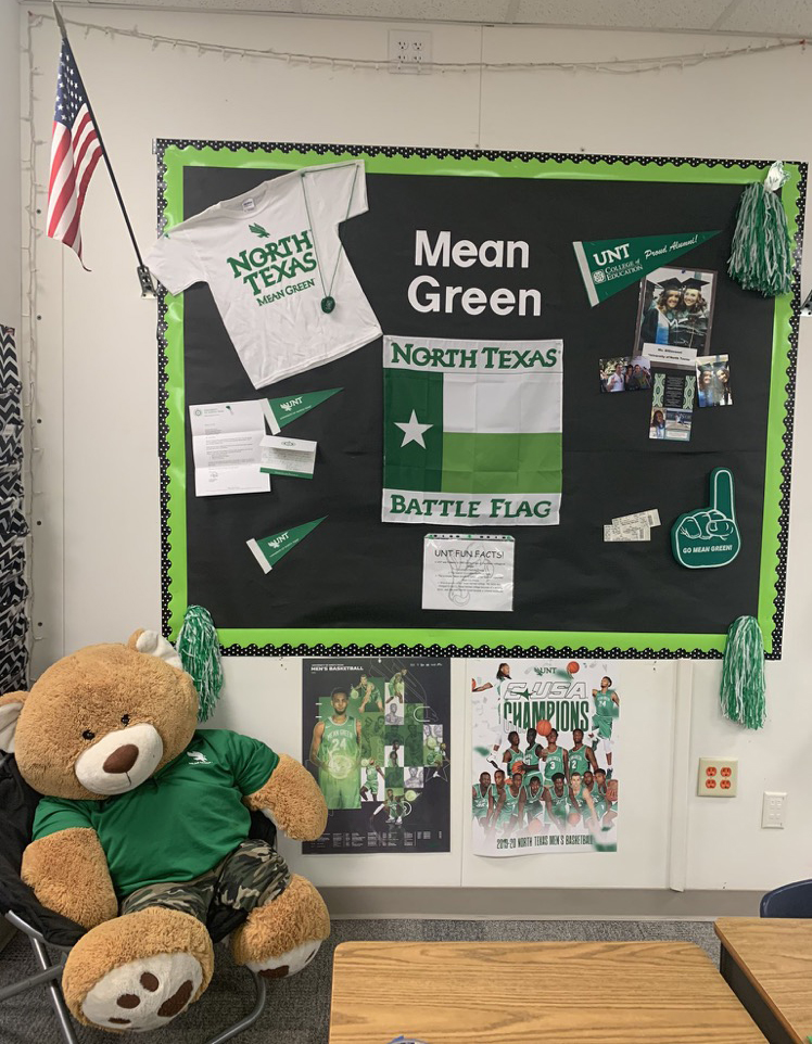 Photo of classroom filled with Mean Green memorabilia