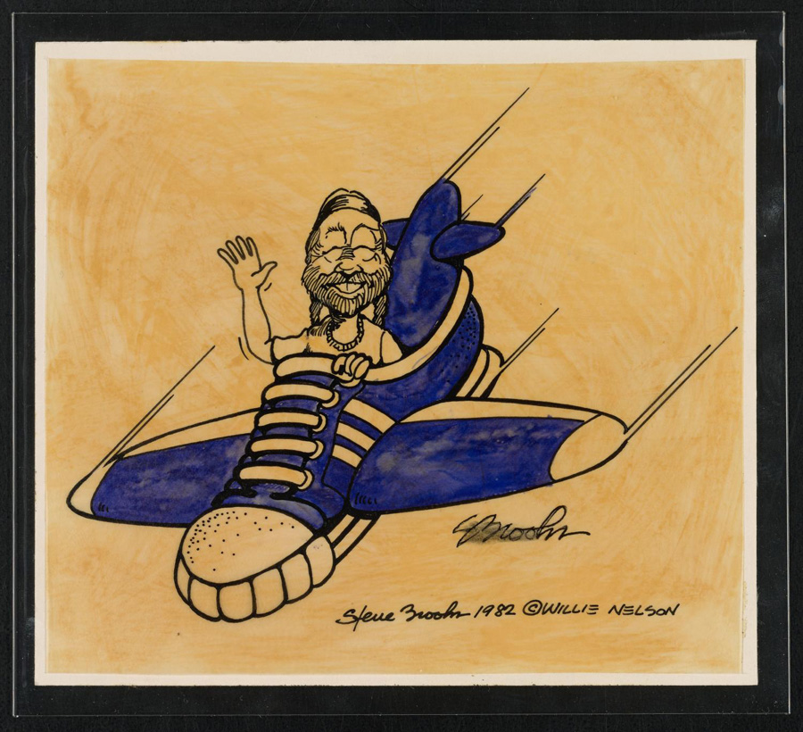 Artwork depicting Willie Nelson in a flying blue sneaker with wings, waving and smiling.