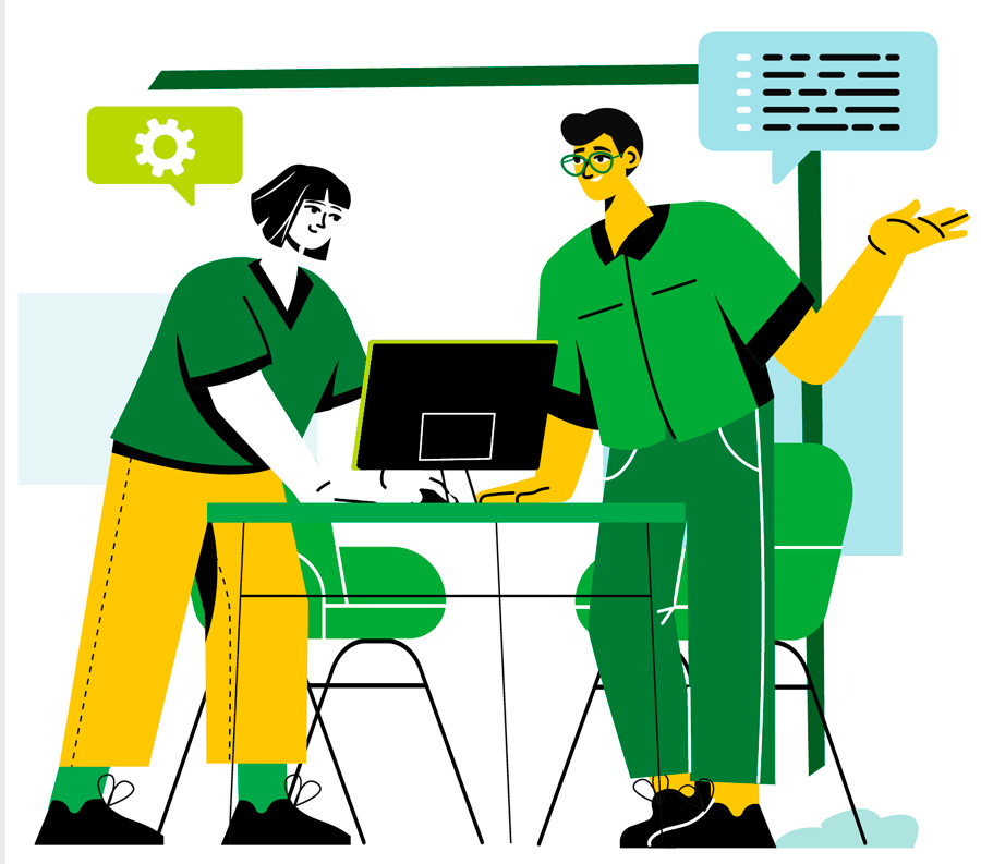 illustration of students with desktop computer