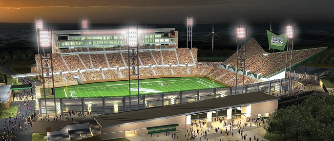 A rendering shows the new stadium, slated to open by fall 2011. (Rendering by HKS Inc. Architects)
