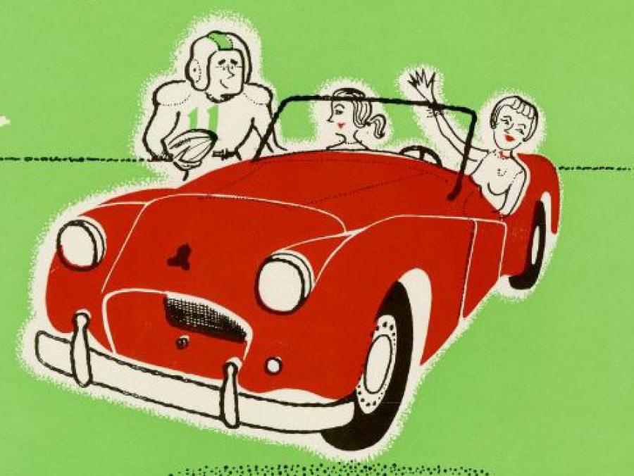 Illustration from 1956 yearbook of two women in a car next to a football player