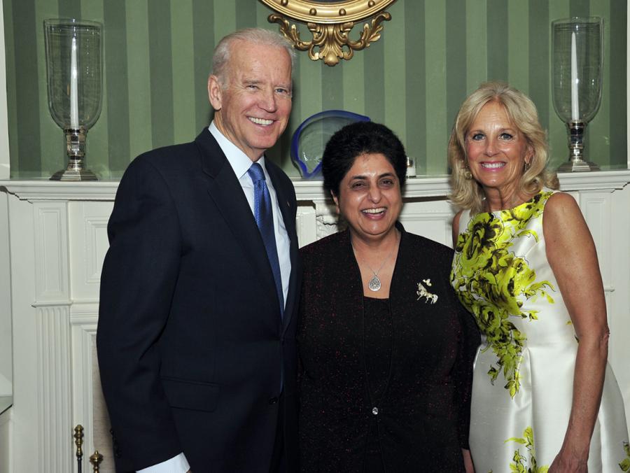 Revathi Balakrishnan, center, is greeted by now President Joe Biden and First Lady Jill Biden during the Teacher of the Year ceremony at the White House in 2016.