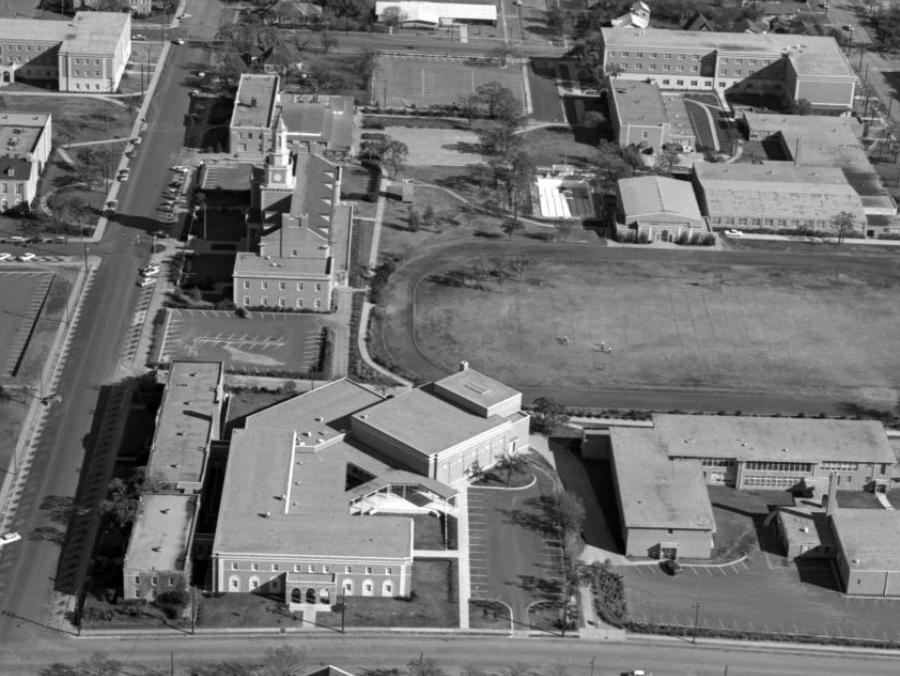 1962 aerial of campus showing Music Building bottom left