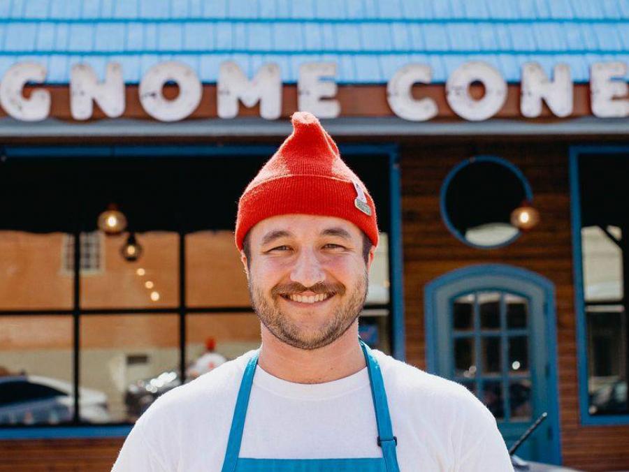 Bret Hawkins stands outside of Gnome Cones in Denton.