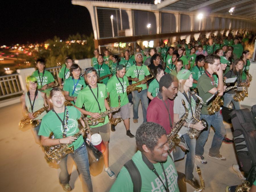 Band marching on bridge