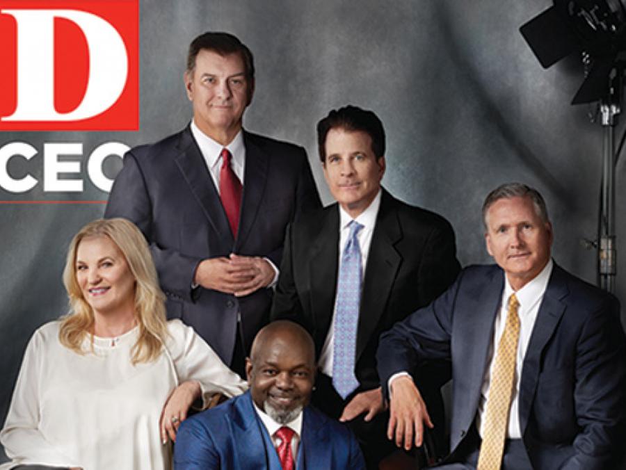 D CEO cover, Dallas 500, the most powerful business leaders in Dallas-Fort Worth. Front row from left: Melissa Reiff, Emmitt Smith Back: Mike Rawlings, Andrew Beal, G. Brint Ryan. Portrait by Elizabeth Lavin