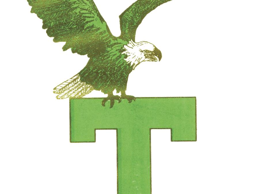 Illustration of eagle mascot on top of the letter "T" 