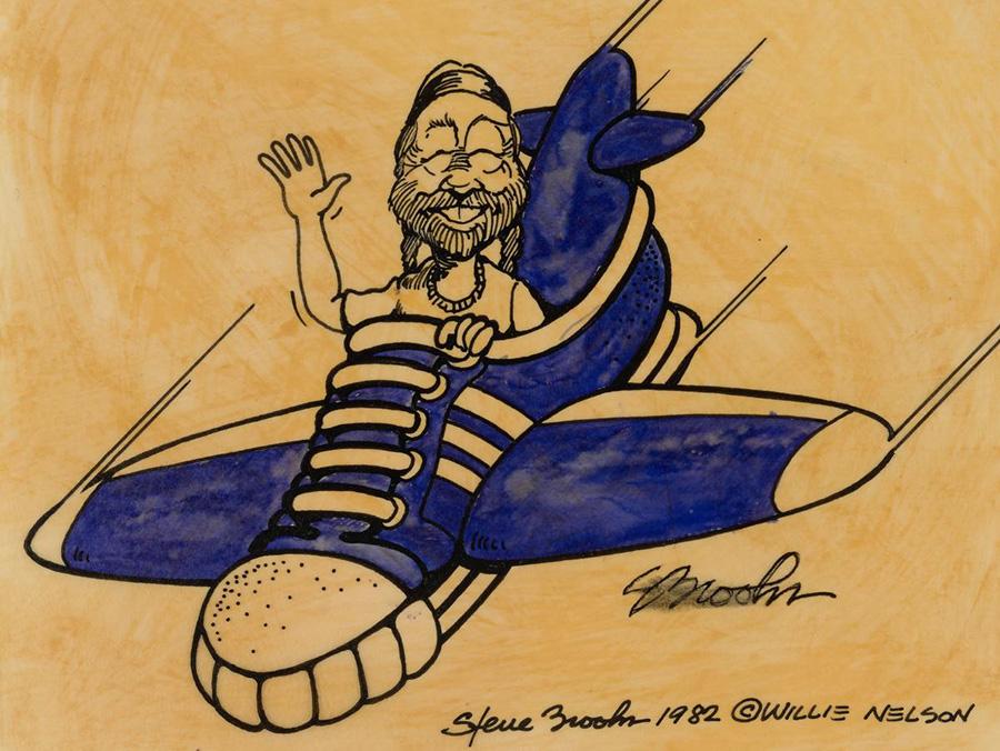 Illustration of Willie Nelson flying an airplane shaped like a tennis shoe