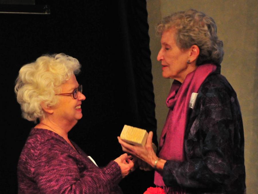 Diana Mason presents brick to Catherine Dawson 