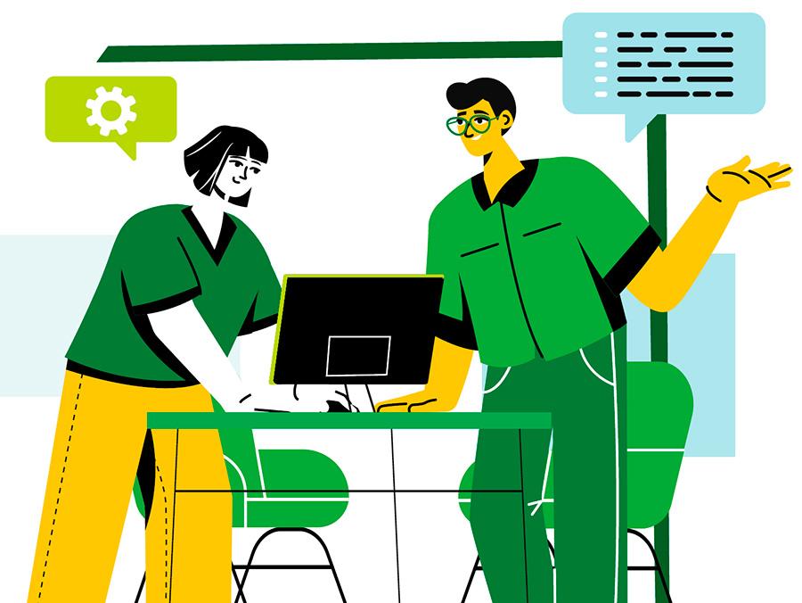 illustration of students with desktop computer