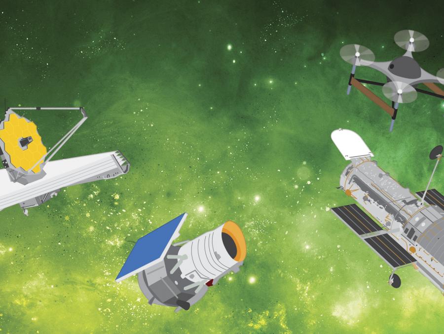To the Skies & Beyond illustration of satellites and space telescopes