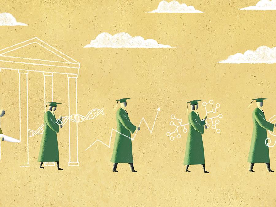 Illustration of students in regalia following different career paths