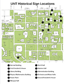 View an enlarged version of the UNT historical sign locations map