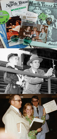  From above, Woodruff family memorabilia; President J.C. Matthews ('25) with son, Kenneth ('65) at Fouts Field in 1951; Leah Woodruff Hatfield's North Texas graduation in 1977.