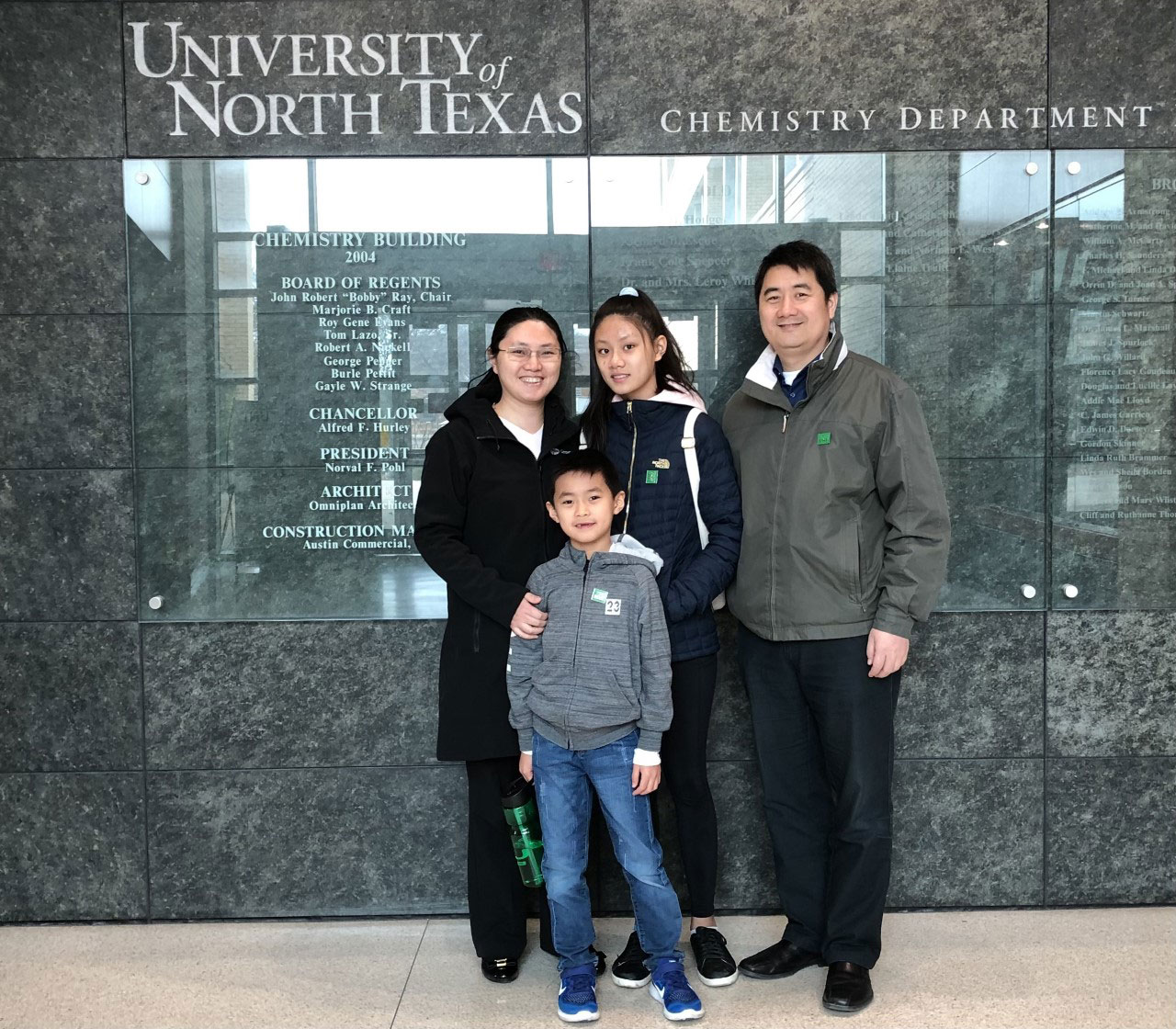 Xia and Zhang made a visit to UNT in 2019 with their son and daughter. “We enjoy our work. We enjoy our family,
